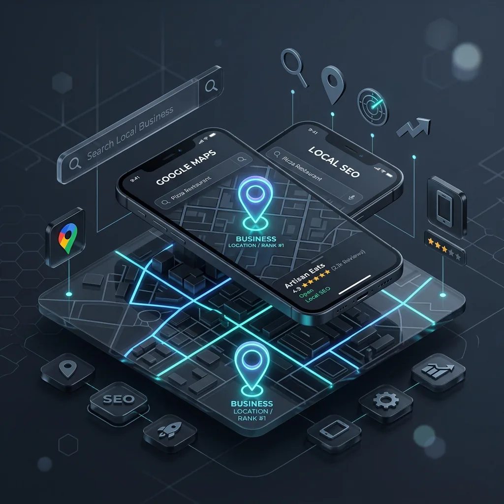Modelado 3D isométrico minimalista mostrando un smartphone moderno con un mapa digital y un pin de ubicación brillante en azul y cian